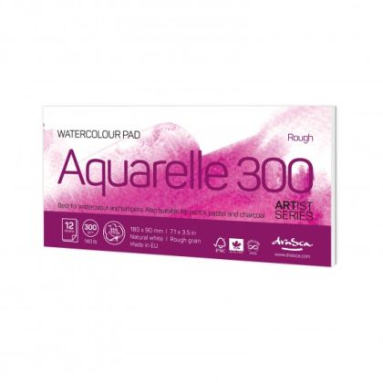 'Aquarelle Rough 300' glued size 9х18 cm., 12 sheets natural white paper 300 g 35% cotton