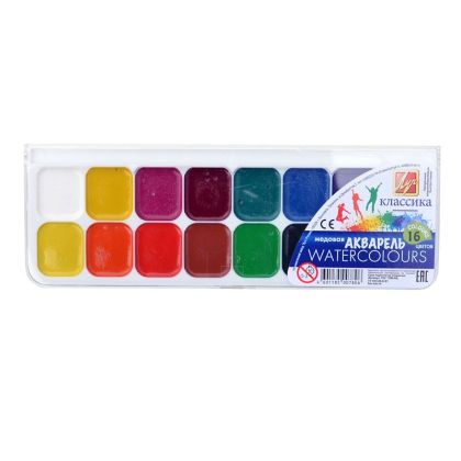Медни акварелни бои КЛАСИК, комплект 16 цвята в пластмасова кутия