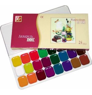 Медни акварелни бои ЛУКС, комплект 24 цвята в пластмасова кутия