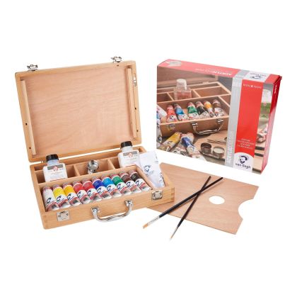 Acrylic Colour Wooden Box Basic with 10 Colours in 40ml Tube + Accessories